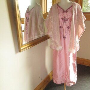 1960s Handmade Glass Beaded Pink Silk Dupioni Evening Dress w/Pink Irish Shawl